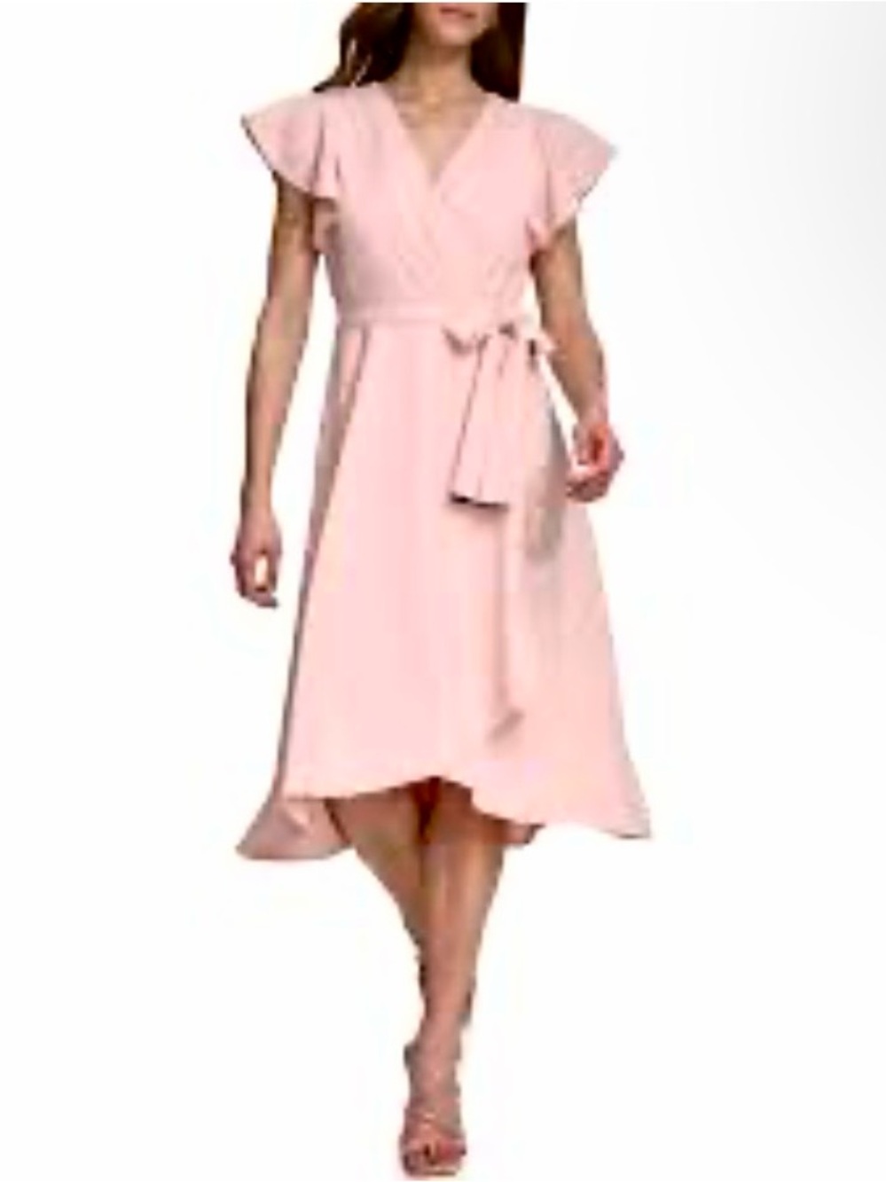 DKNY Pink Pleated lDress 16 Faux Wrap Midi Flutter Sleeve Romantic Fairy Preppy